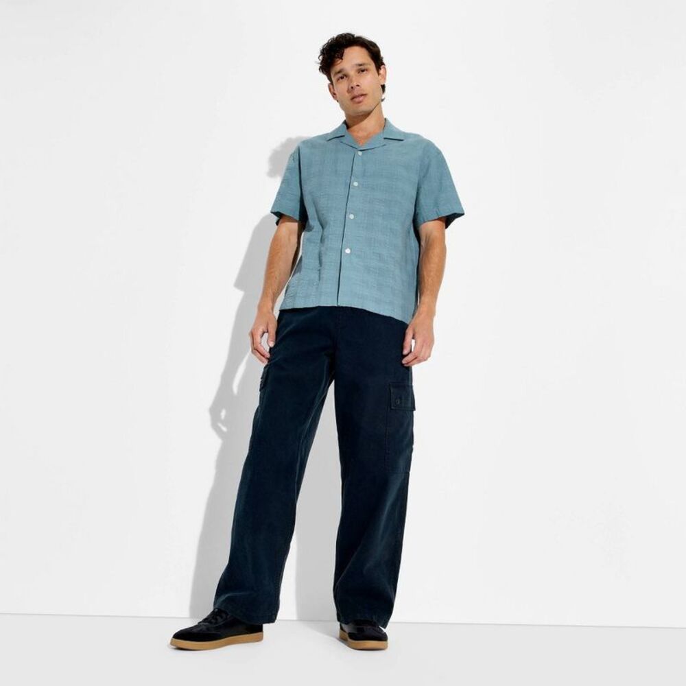 Men's Short Sleeve Seersucker Button-Down Camp Shirt - Original Use Blue M